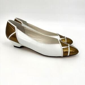 Andrew Gellar VTG 80s Snake Skin Leather White / Gold Kitten Heel Pumps Women 9M